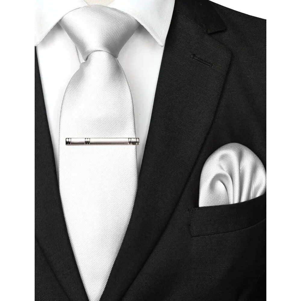 Men's White 2 Colour Formal Necktie and Pocket Square Tie Clip Sets